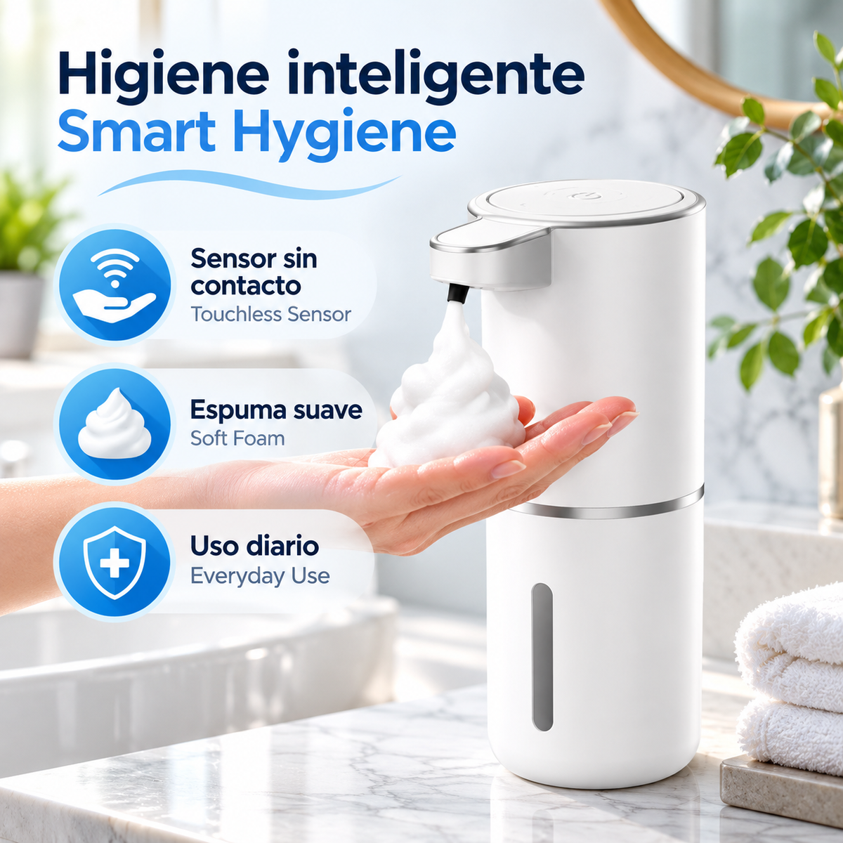 Dispensador automático de jabón espumoso con sensor para baño y cocina, dispensador de jabón espumoso, 380ml, recargable por USB