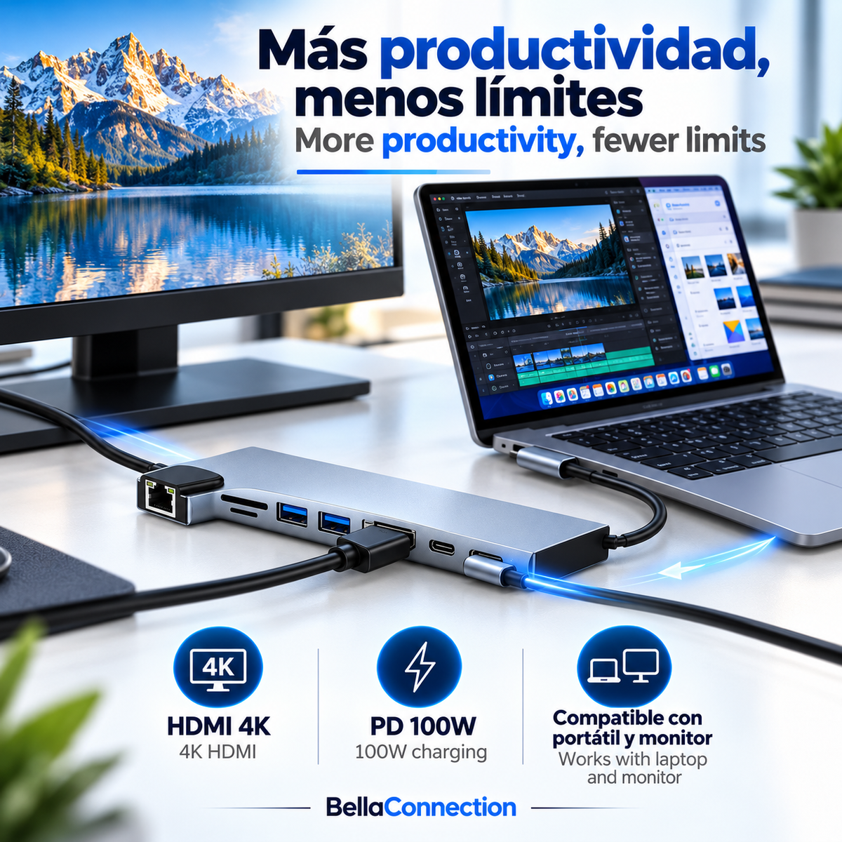 Hub USB C 8 en 1 Adaptadores Flash, estacion para 8 conectores diferentes, HDMI 4K, Ethernet, USB 3.0 y PD 100W para MacBook, Portátil, Laptop