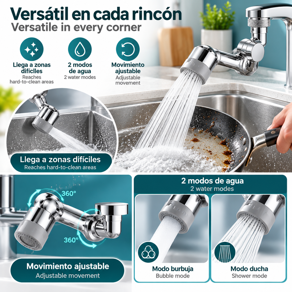Extensor de Grifo Giratorio 1080° ° Boquilla giratoria para grifo de agua, adaptador universal para grifo con 2 modos