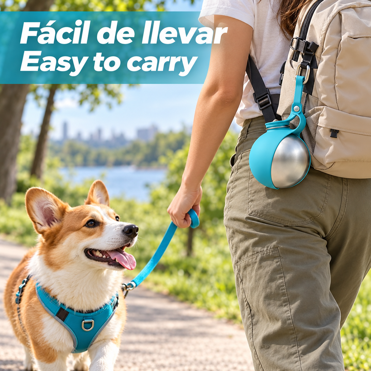Botella de Agua Portátil 2 en 1 para mascotas- Acero inoxidable