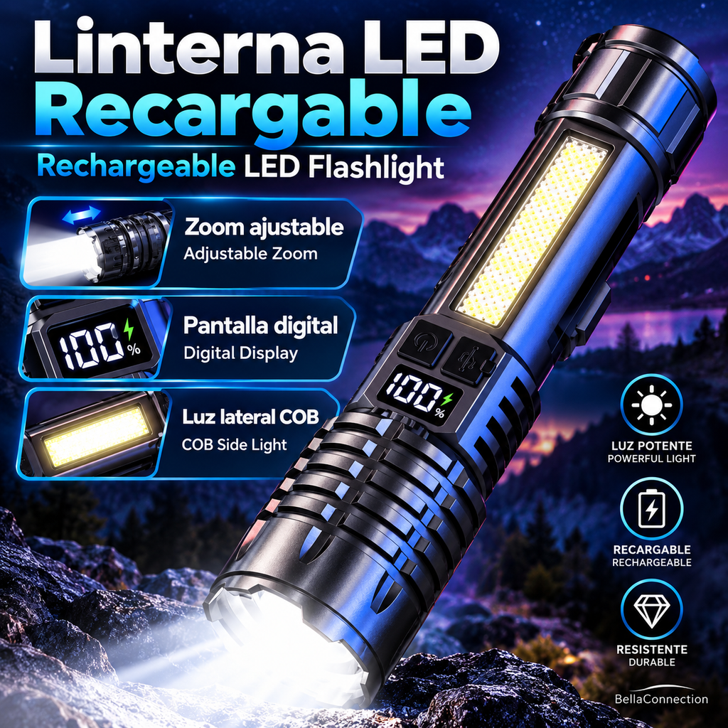 Linterna LED de alta potencia,con luz impermeable recargable tipo C con lámpara lateral COB