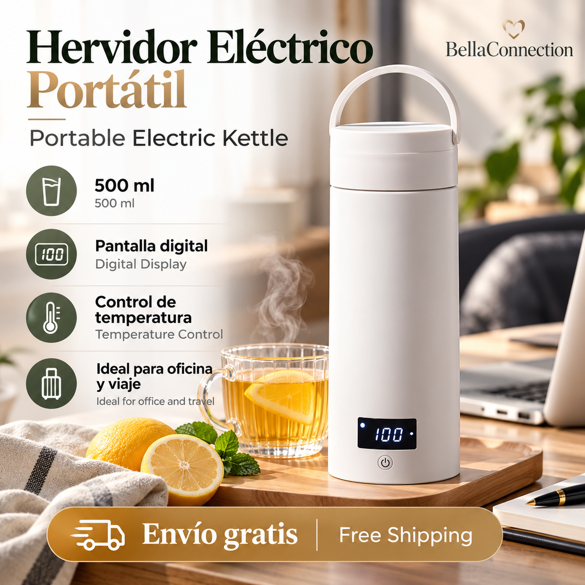 Botella Eléctrica Portátil de 500 ml, Taza Térmica para Té y Café, Hervidor de Agua de Viaje, Botella de Agua Anti-Escaldaduras.