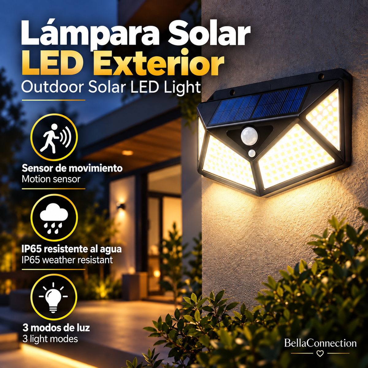 Lámpara Solar multifuncional de 100 led, Foco alimentado por luz Solar impermeable con Sensor de movimiento