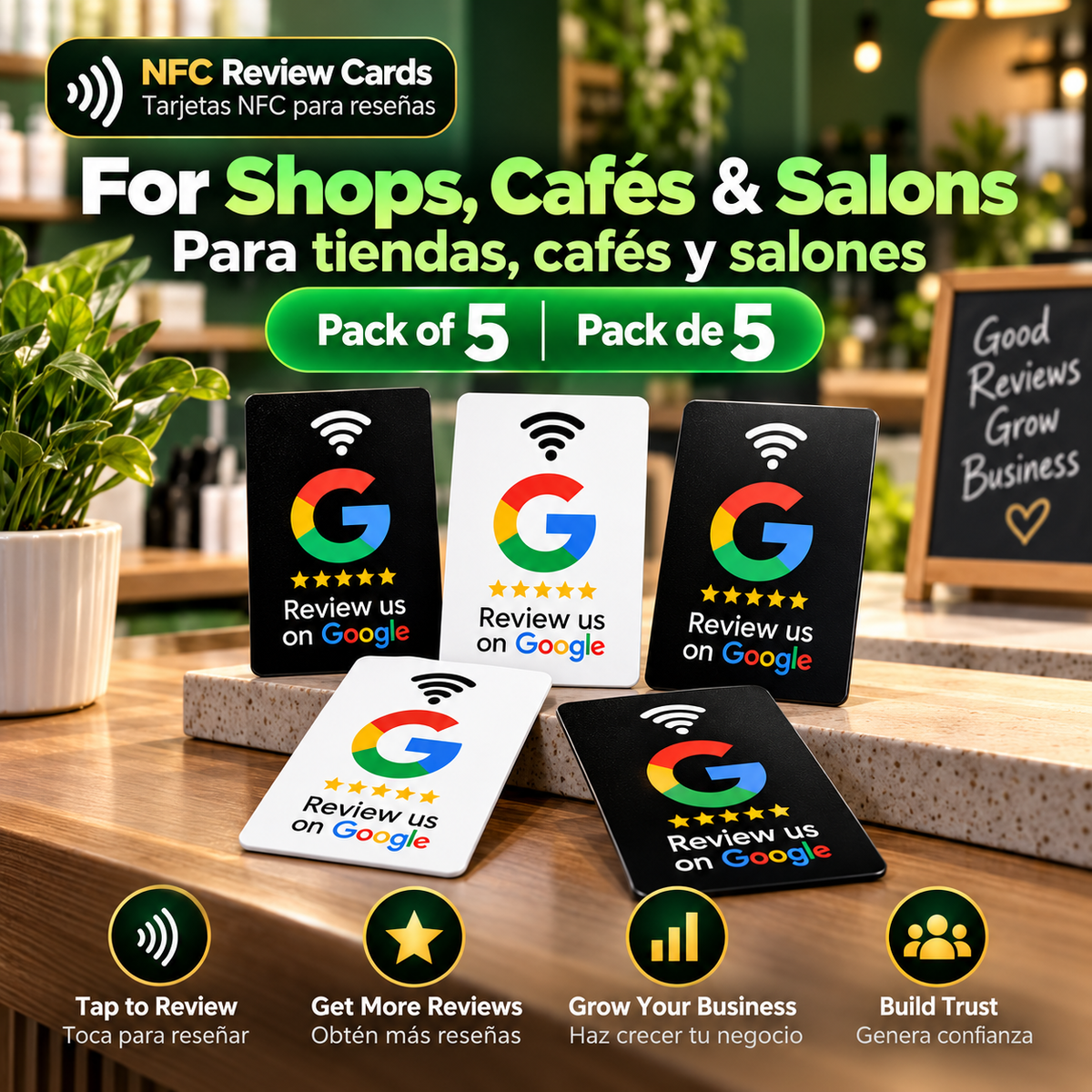 Tarjeta NFC de reseña de Google Aumente sus reseñas, Material de PVC duradero PACK DE 5