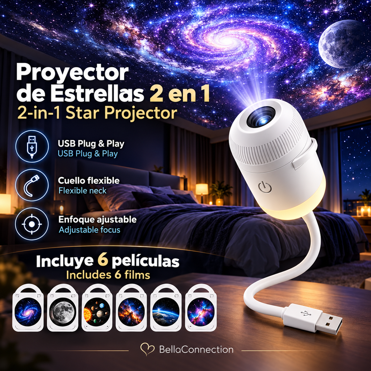 Mini proyector de estrellas, Lámpara proyectora, luz nocturna con 6 películas, luz ambiental de cielo estrellado decoración del hogar