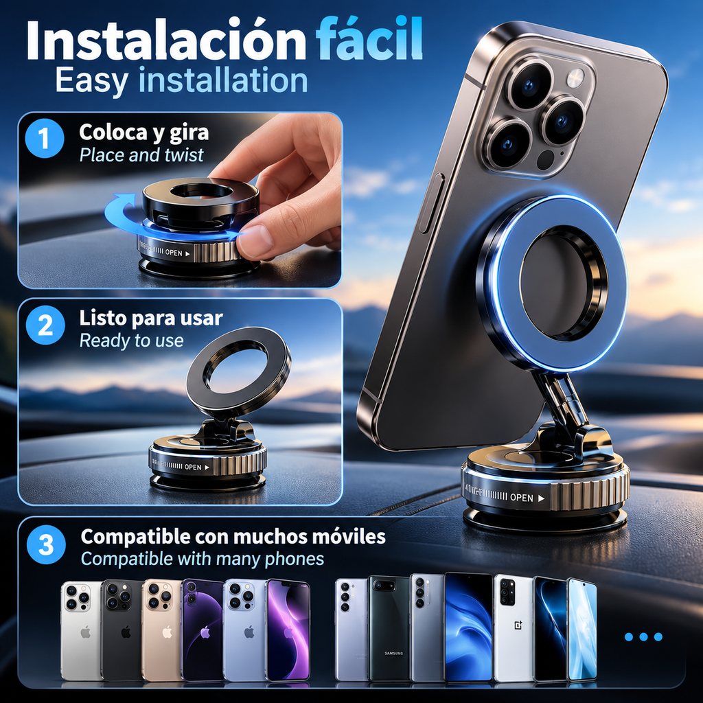Soporte Magnético para Teléfono con Rotación de 360 Grados ° Soporte Giratorio para Teléfono-Diseño plegable, ventosa