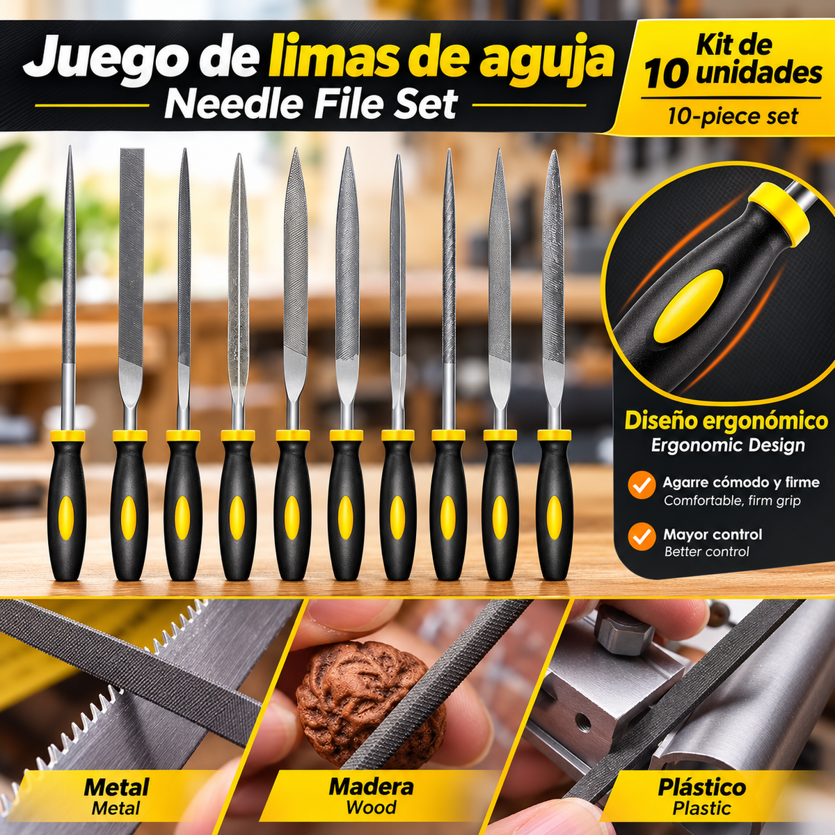 Juego de limas Kit 10uidades de precisión con agujas de acero de alto contenido de carbono, mangos ergonómicos antideslizantes