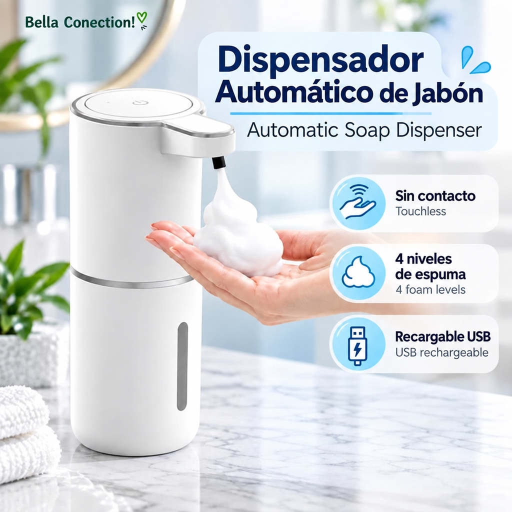 Dispensador automático de jabón espumoso con sensor para baño y cocina, dispensador de jabón espumoso, 380ml, recargable por USB