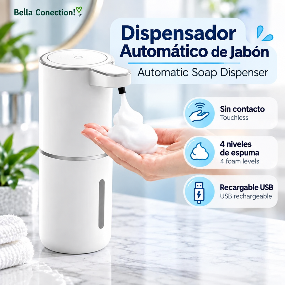 Dispensador automático de jabón espumoso con sensor para baño y cocina, dispensador de jabón espumoso, 380ml, recargable por USB