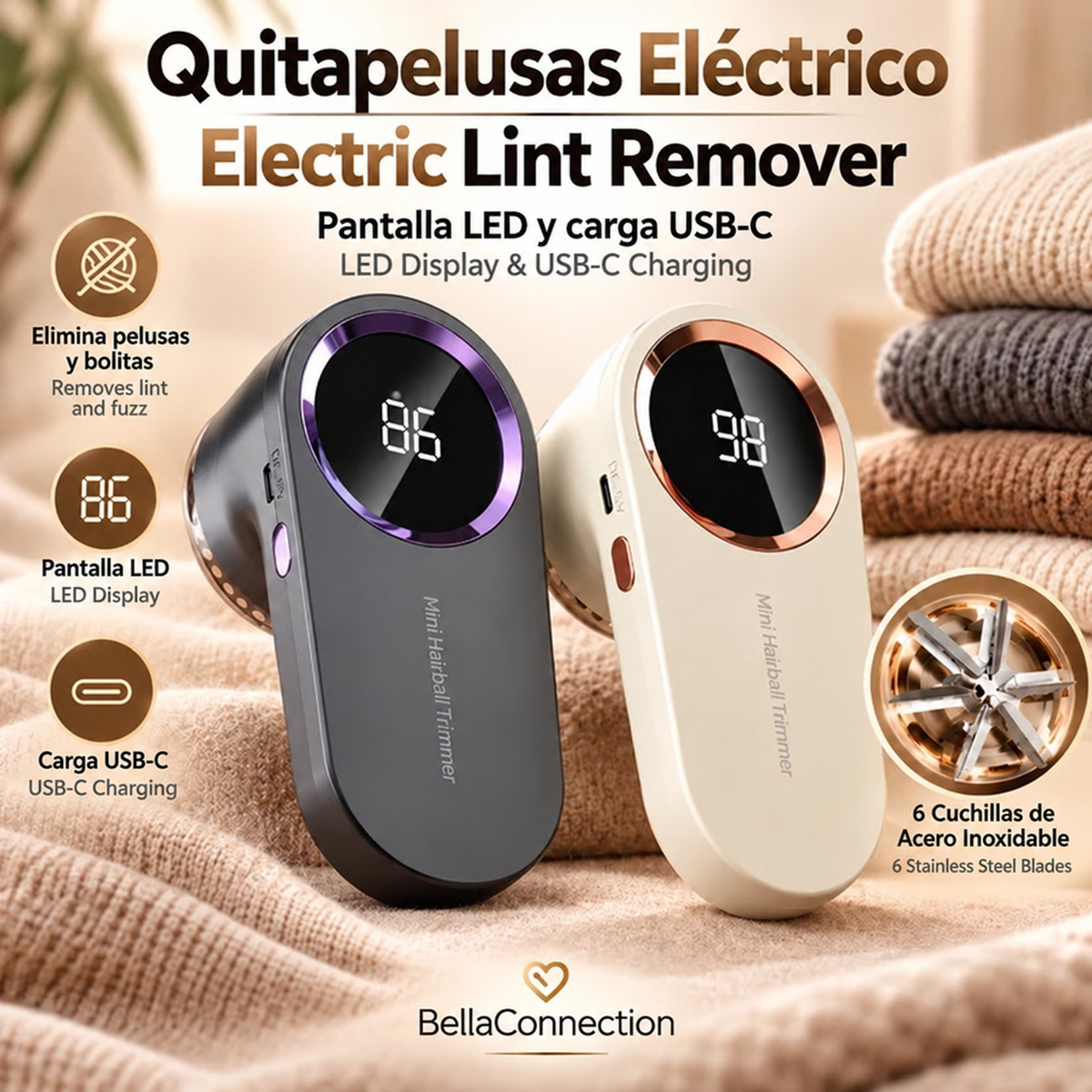Removedor de Pelusas Eléctrico LED Digital, Recargable por USB, Afeitadora de Tela para ropa