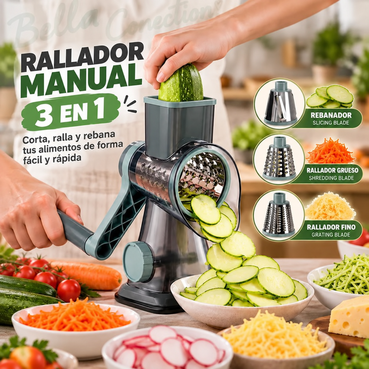 Rallador giratorio 3 en 1, rebanador Manual versátil para distintos tipos de comida, Herramienta Multifuncional de Cocina