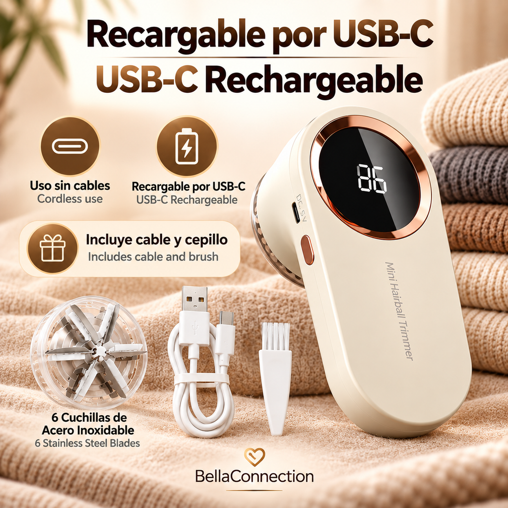 Removedor de Pelusas Eléctrico LED Digital, Recargable por USB, Afeitadora de Tela para ropa