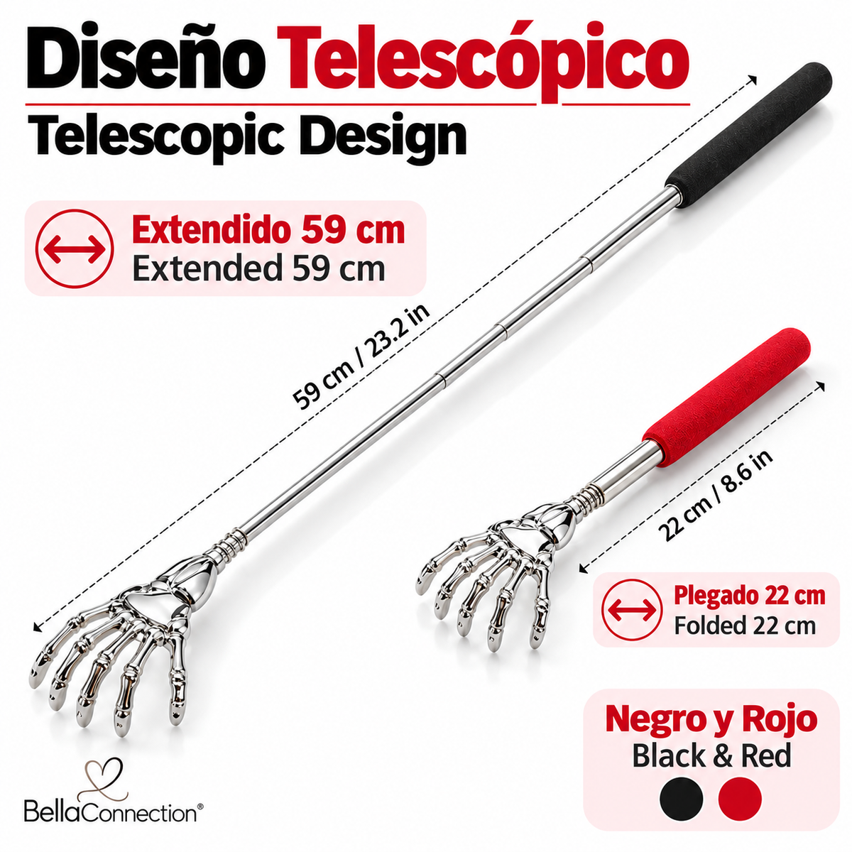 Rascador de espalda de acero inoxidable,Varilla Telescópica Extensible para Aliviar la Picazón y Masajear la Espalda, Portátil con Mango de Goma