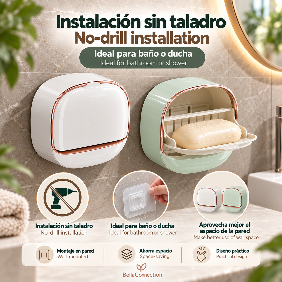 Jabonera de pared con bandeja de drenaje, soporte de baño para la  pared, caja con dispensador y drenaje