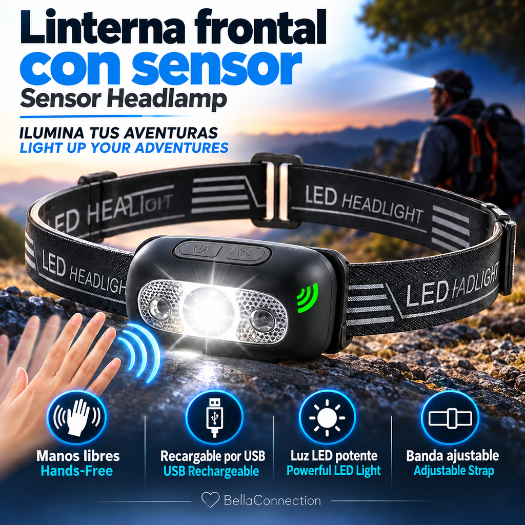 Linterna frontal potente, portátil con sensor LED Recargable por USB, lámpara de iluminación exterior con multiples usos