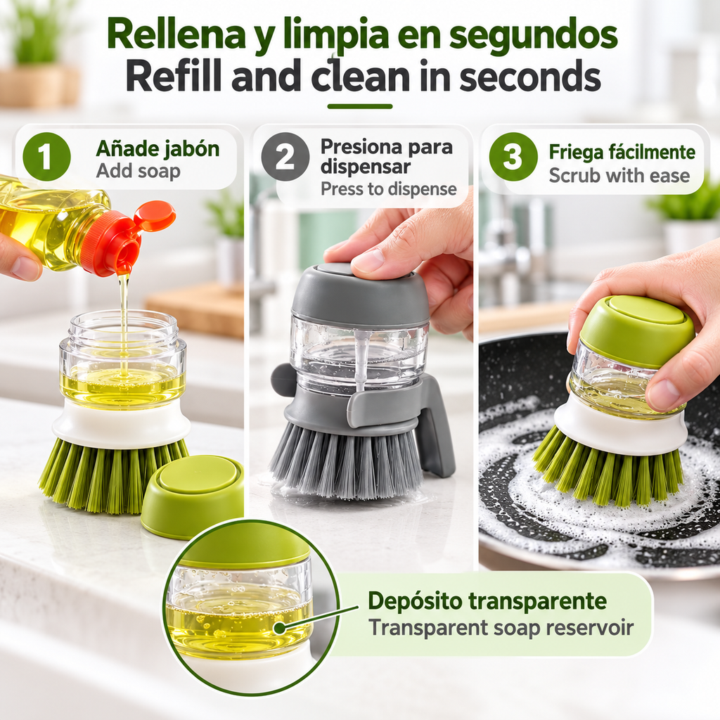 Cepillo dispensador de jabón para productos de cocina, cepillos para fregar, fregador de platos 2 en 1 con soporte