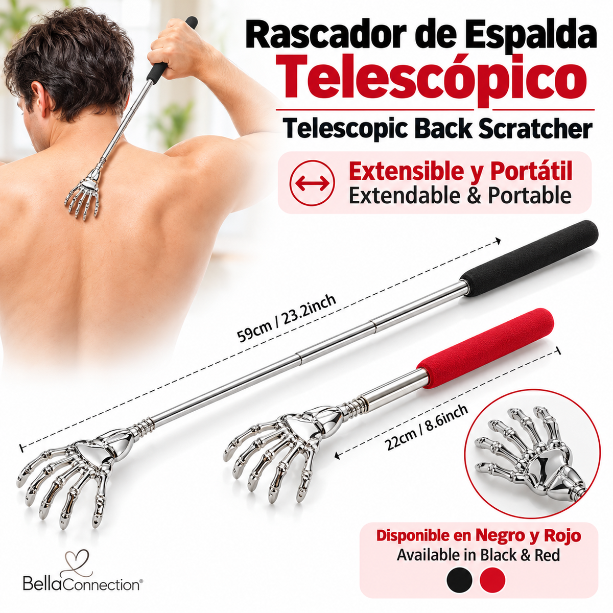 Rascador de espalda de acero inoxidable,Varilla Telescópica Extensible para Aliviar la Picazón y Masajear la Espalda, Portátil con Mango de Goma