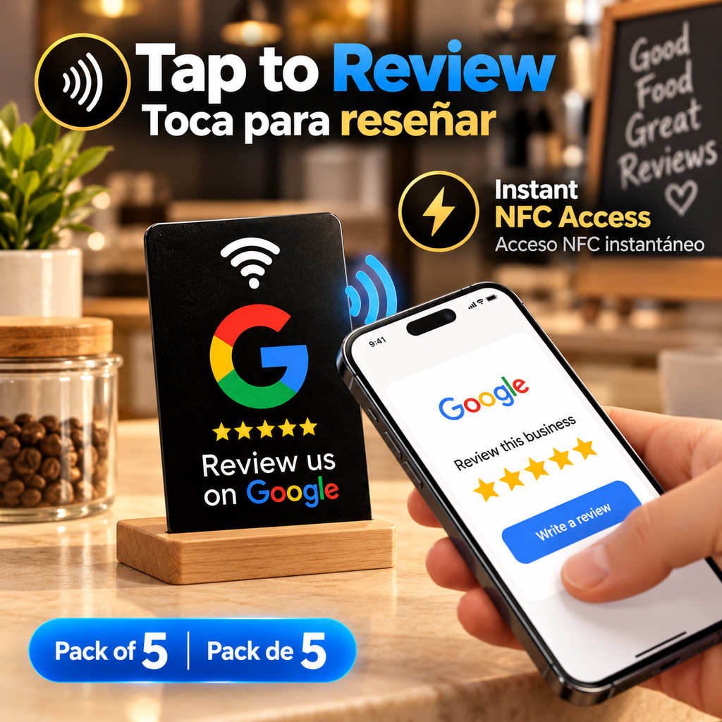 Tarjeta NFC de reseña de Google Aumente sus reseñas, Material de PVC duradero PACK DE 5