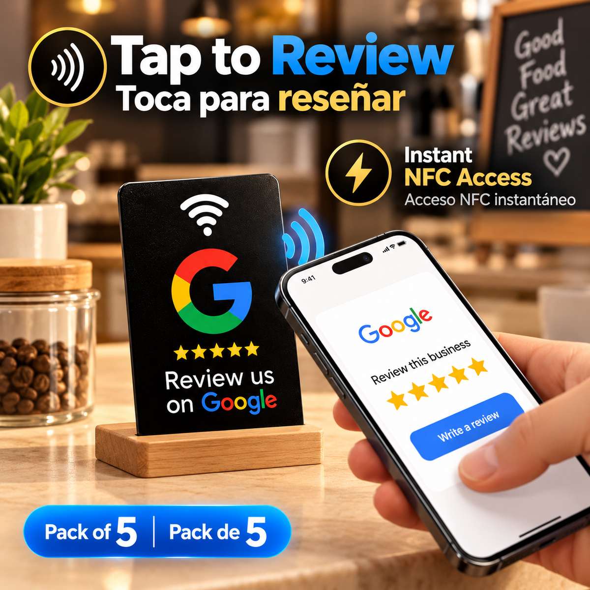 Tarjeta NFC de reseña de Google Aumente sus reseñas, Material de PVC duradero PACK DE 5