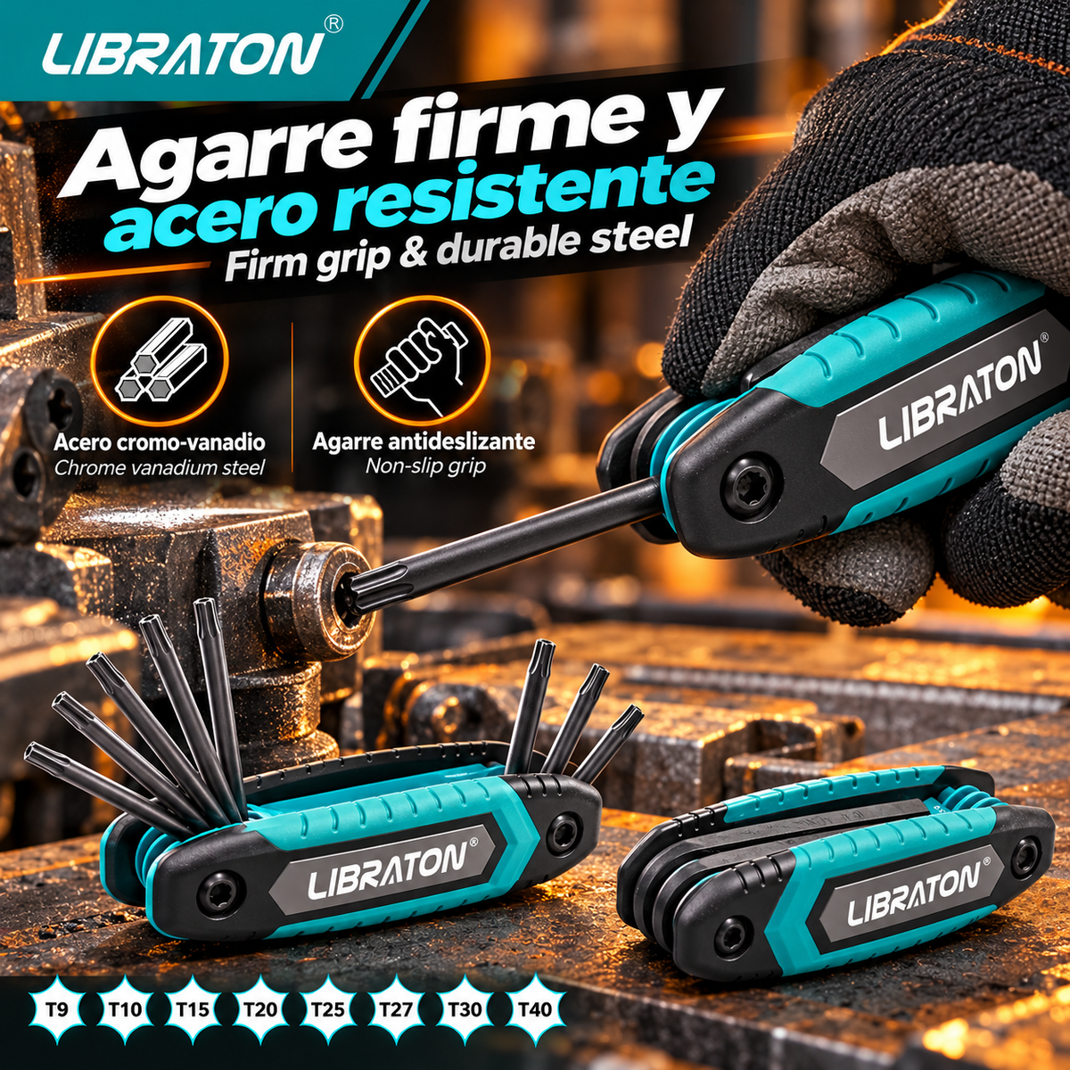 LIBRATON-Juego de llaves Allen plegables 8 en 1, Kit de llave de estrella de seguridad portátil, tamaños T-9 a T-40
