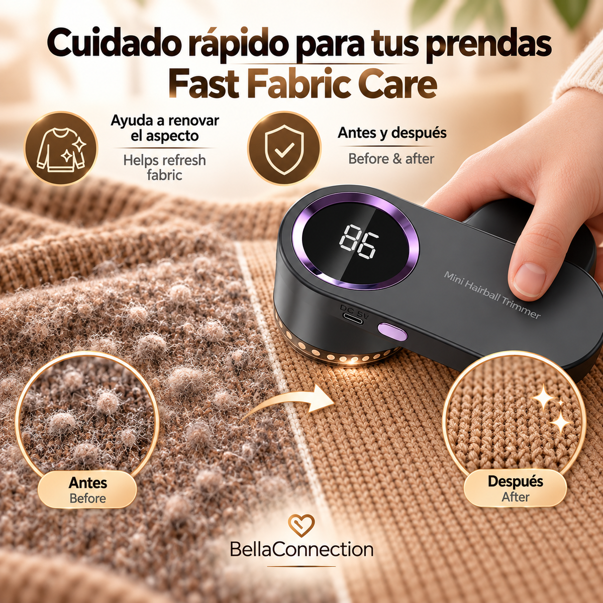Removedor de Pelusas Eléctrico LED Digital, Recargable por USB, Afeitadora de Tela para ropa