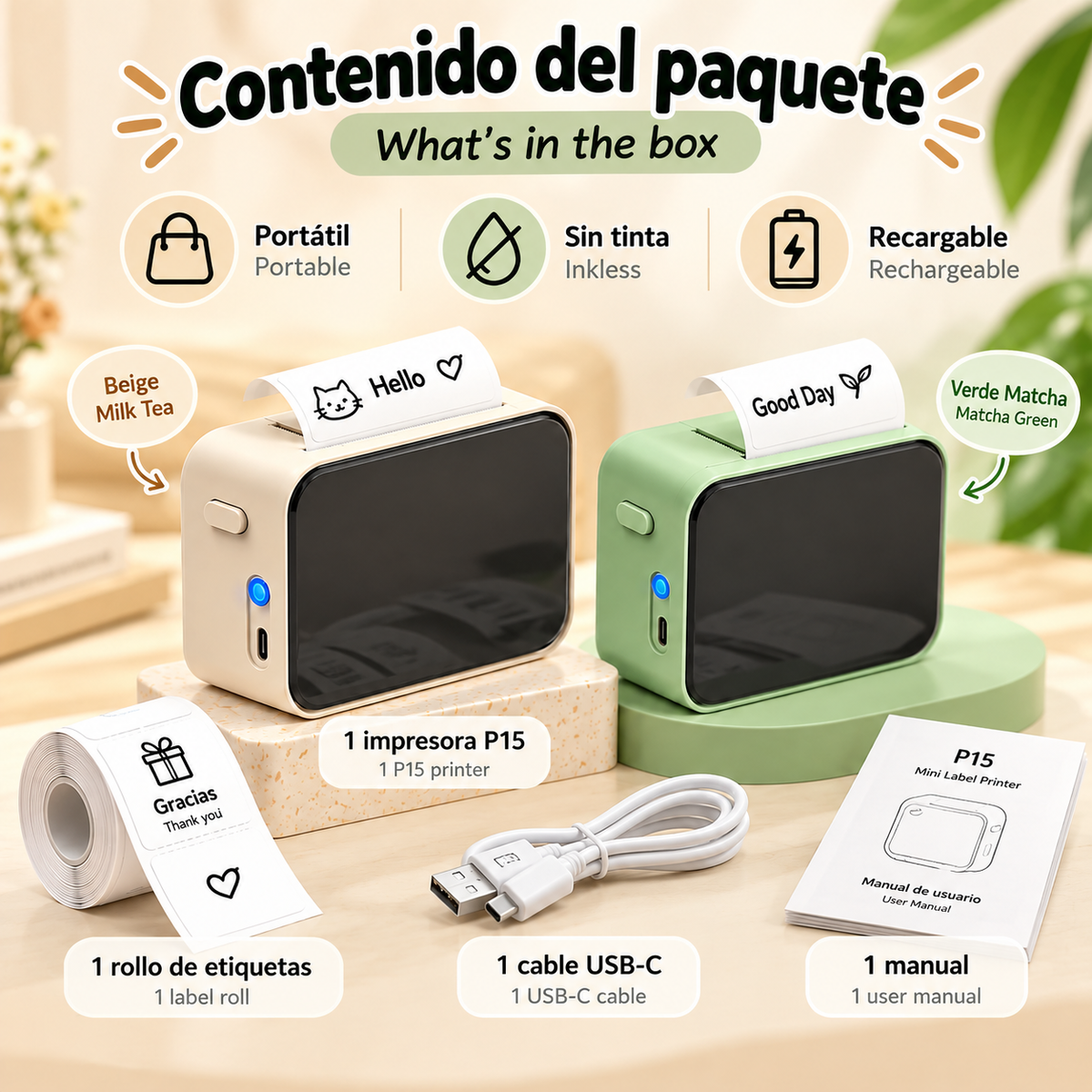 impresora térmica de etiquetas P15, Mini máquina de etiquetas adhesivas portátil inalámbrica compatible con Bluetooth