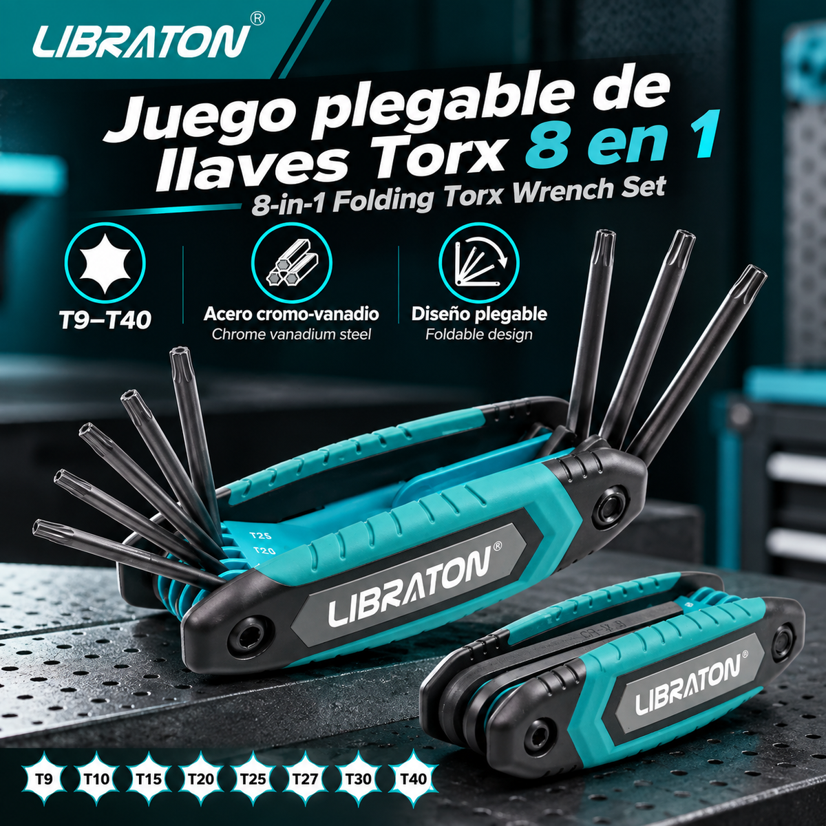 LIBRATON-Juego de llaves Allen plegables 8 en 1, Kit de llave de estrella de seguridad portátil, tamaños T-9 a T-40