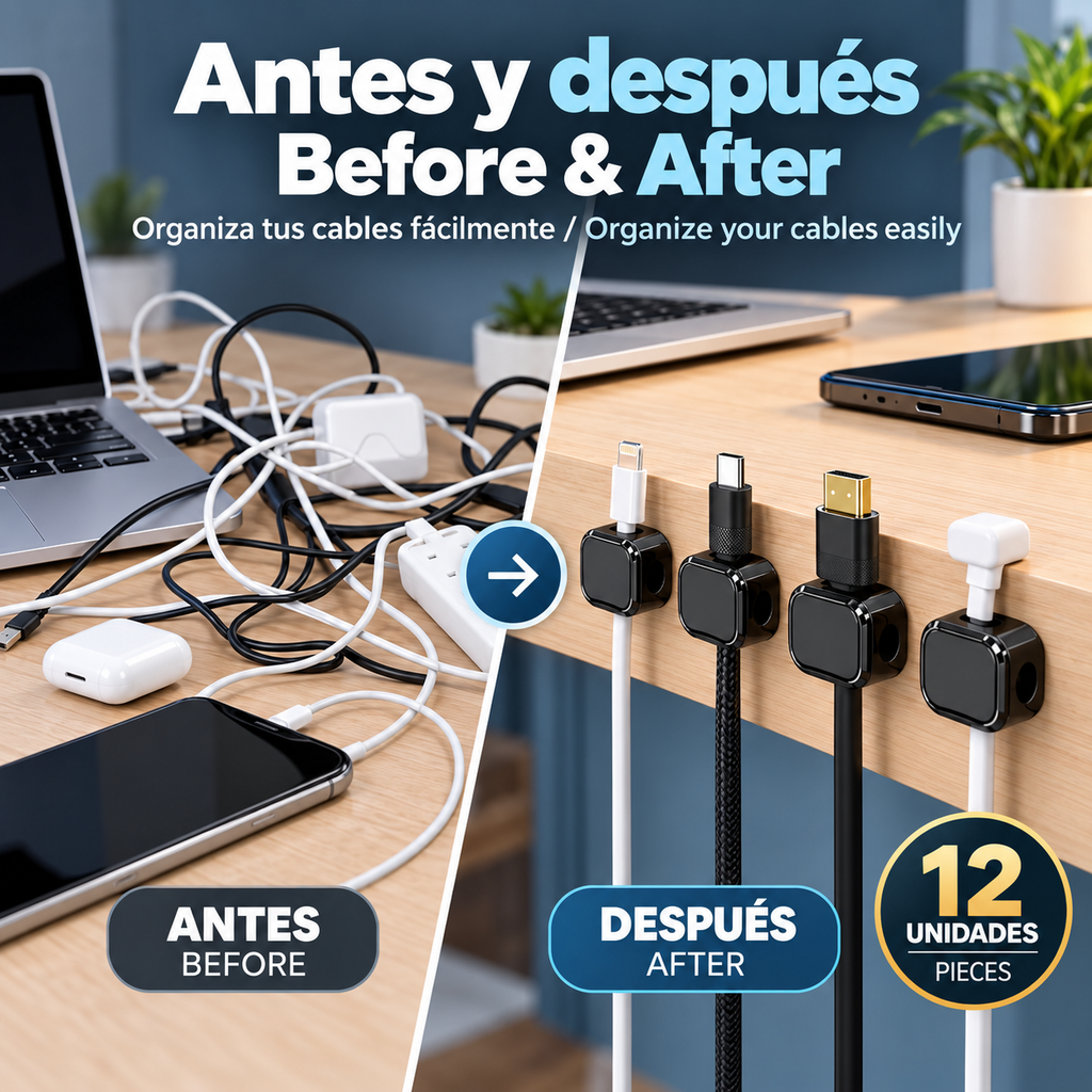 Organizadores Magnéticos de Cables Adhesivos – Pack de 12