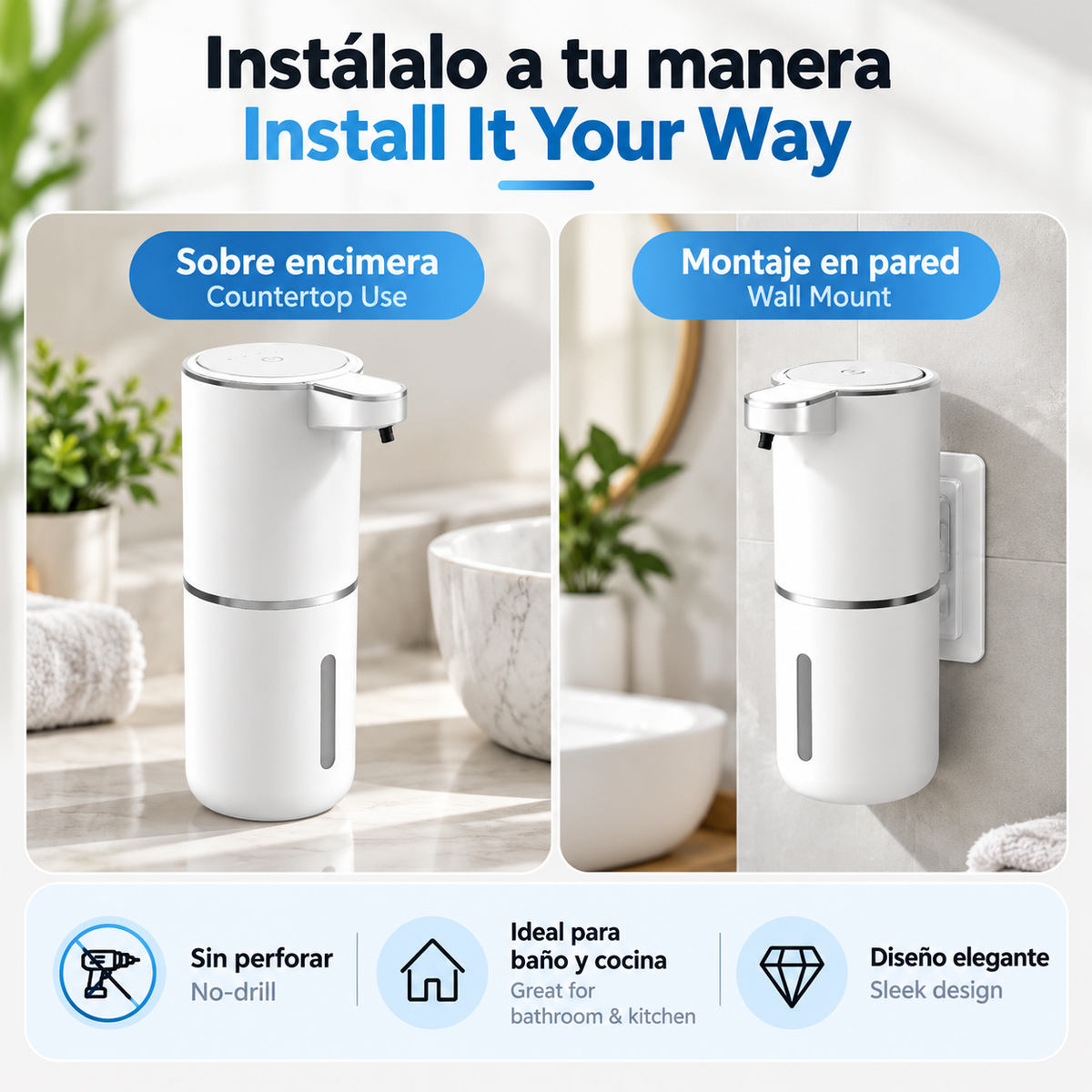 Dispensador automático de jabón espumoso con sensor para baño y cocina, dispensador de jabón espumoso, 380ml, recargable por USB