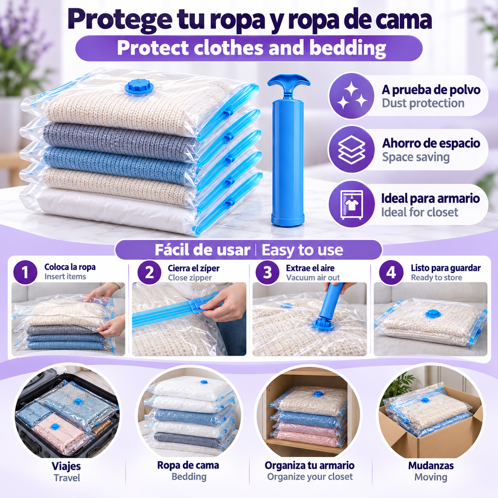 Bolsas al Vacío 60 × 80 cm – Pack de 5 con o sin Bomba Manual