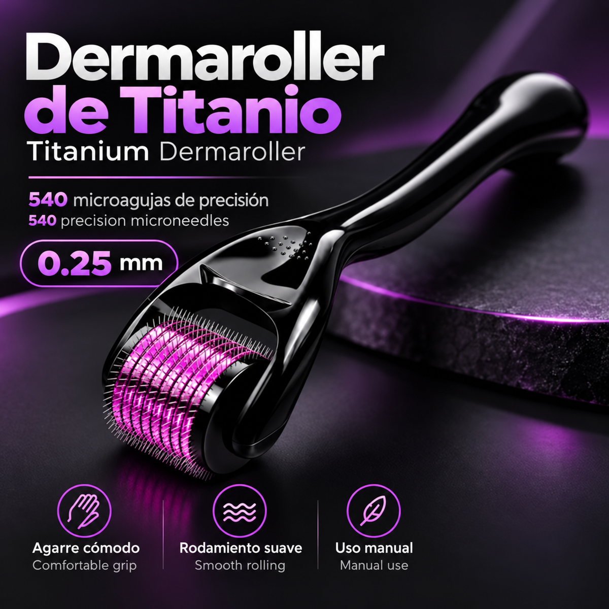 Dermaroller de Titanio con 540 Microagujas para Cuidado Cosmético