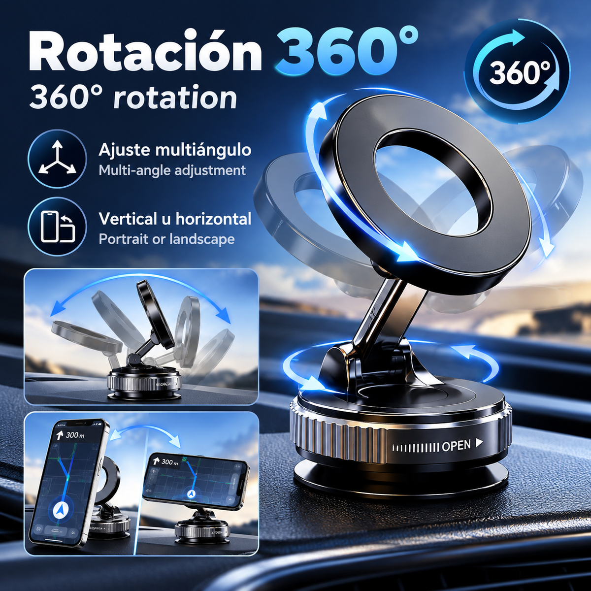 Soporte Magnético para Teléfono con Rotación de 360 Grados ° Soporte Giratorio para Teléfono-Diseño plegable, ventosa