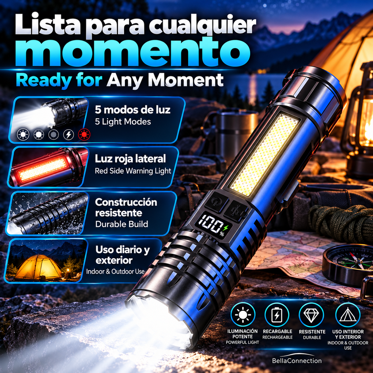 Linterna LED de alta potencia,con luz impermeable recargable tipo C con lámpara lateral COB