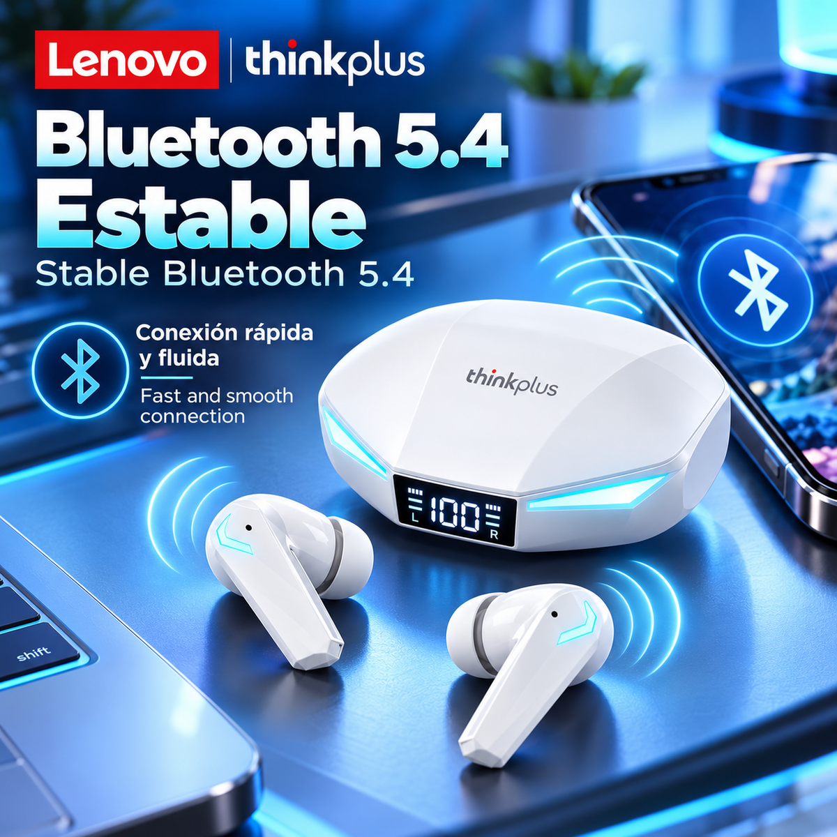 Auriculares inalámbricos Lenovo XT53 con Bluetooth,Pantalla digital LED, inalámbricos, deportivos, con llamadas HD y baja latencia