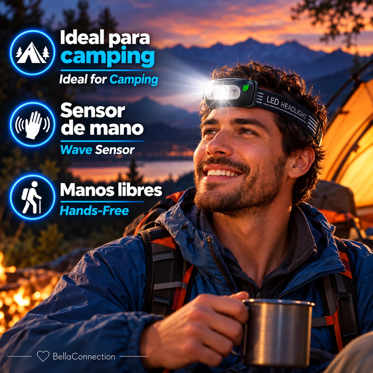 Linterna frontal potente, portátil con sensor LED Recargable por USB, lámpara de iluminación exterior con multiples usos