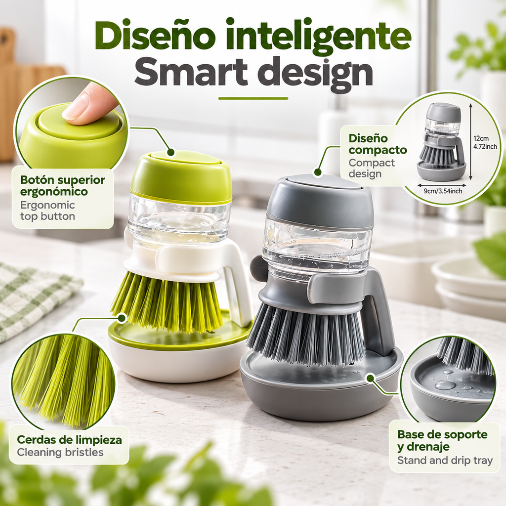 Cepillo dispensador de jabón para productos de cocina, cepillos para fregar, fregador de platos 2 en 1 con soporte