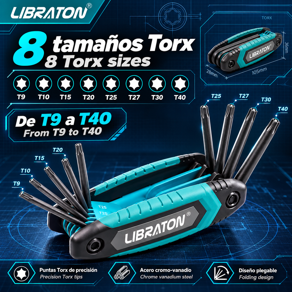 LIBRATON-Juego de llaves Allen plegables 8 en 1, Kit de llave de estrella de seguridad portátil, tamaños T-9 a T-40