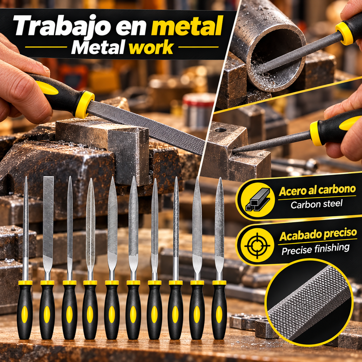 Juego de limas Kit 10uidades de precisión con agujas de acero de alto contenido de carbono, mangos ergonómicos antideslizantes