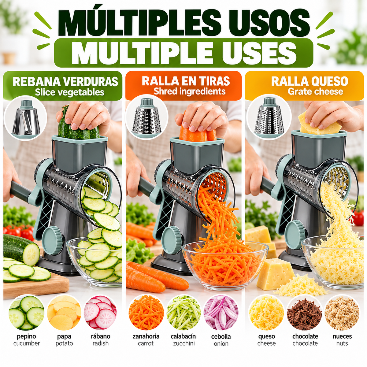 Rallador giratorio 3 en 1, rebanador Manual versátil para distintos tipos de comida, Herramienta Multifuncional de Cocina