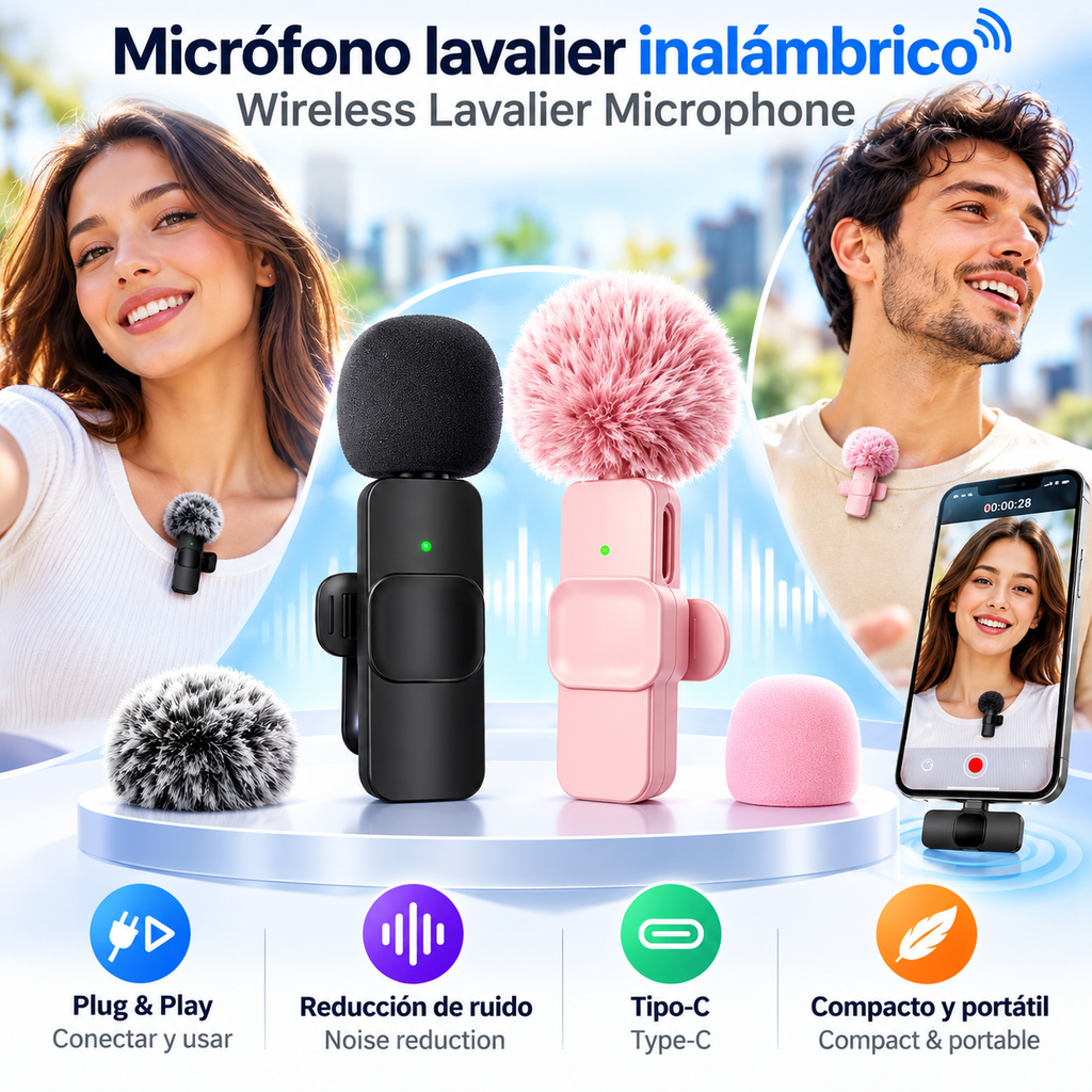 Micrófono Lavalier Inalámbrico USB-C con Reducción de Ruido