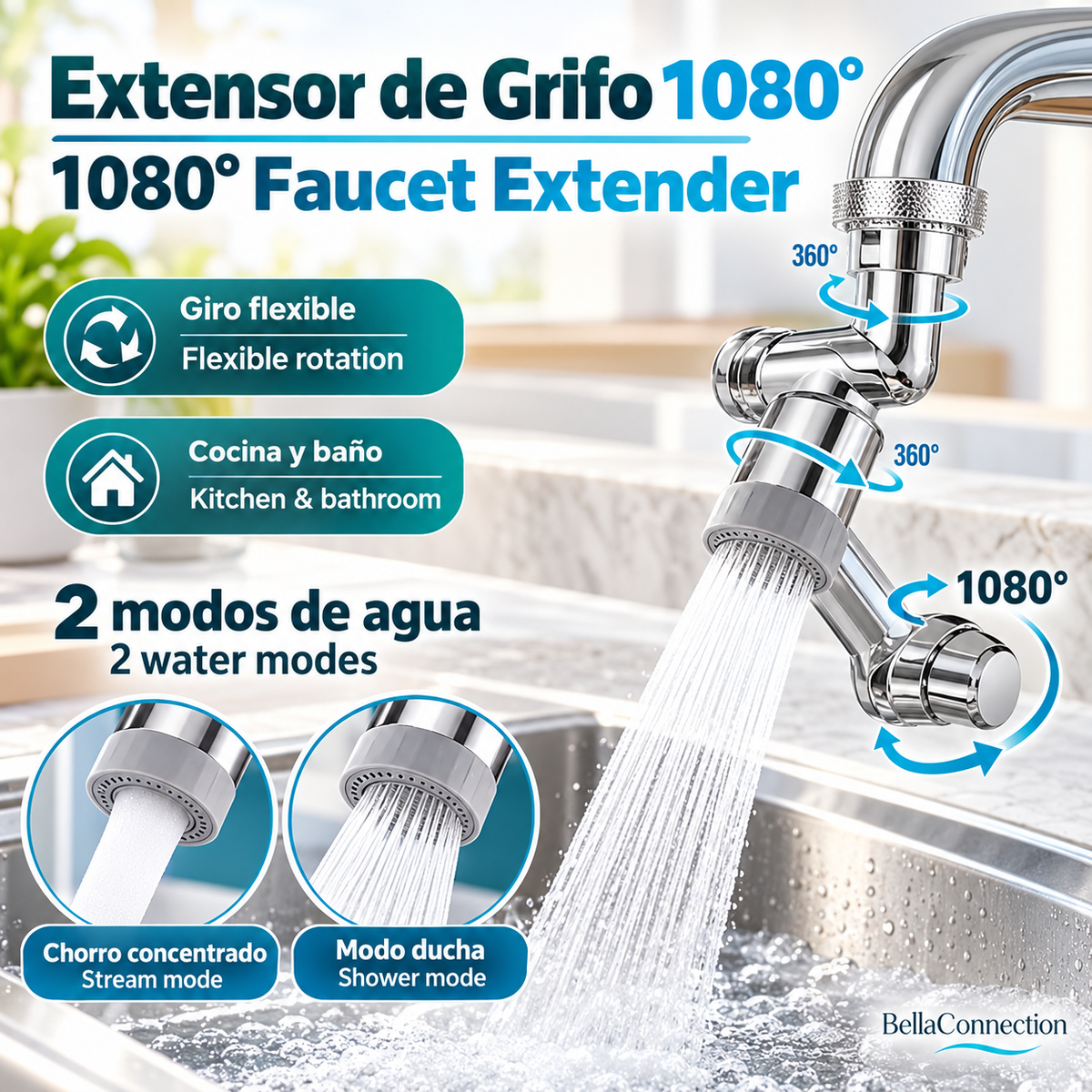 Extensor de Grifo Giratorio 1080° ° Boquilla giratoria para grifo de agua, adaptador universal para grifo con 2 modos