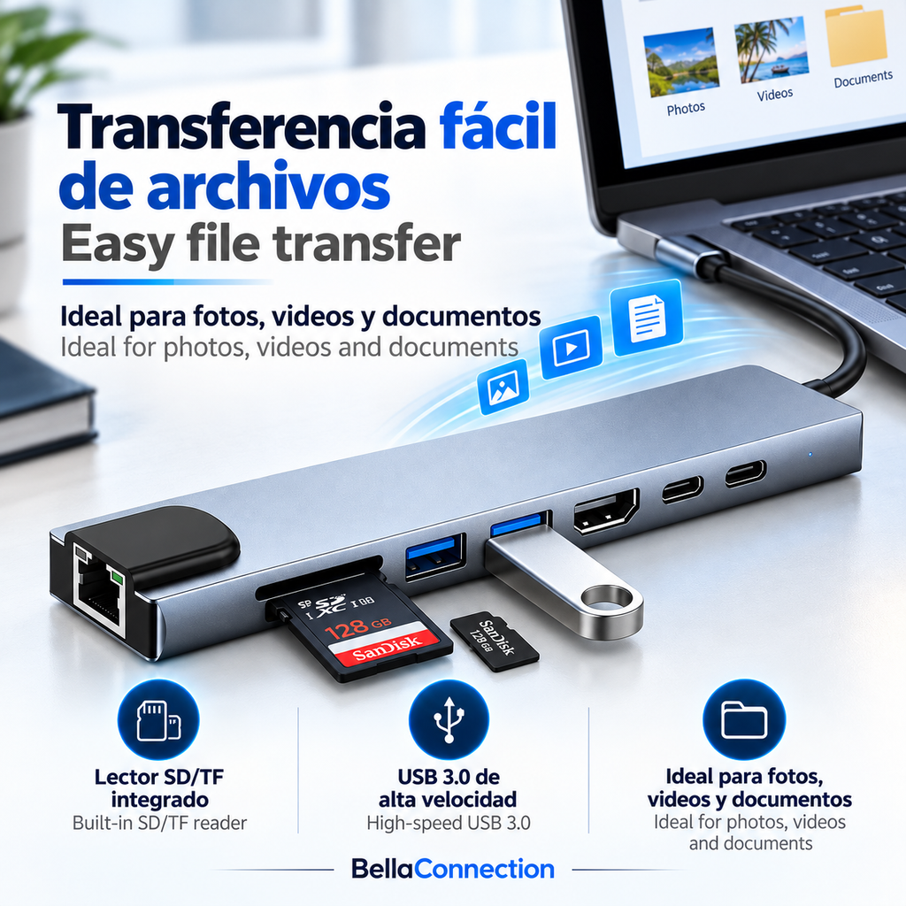 Hub USB C 8 en 1 Adaptadores Flash, estacion para 8 conectores diferentes, HDMI 4K, Ethernet, USB 3.0 y PD 100W para MacBook, Portátil, Laptop