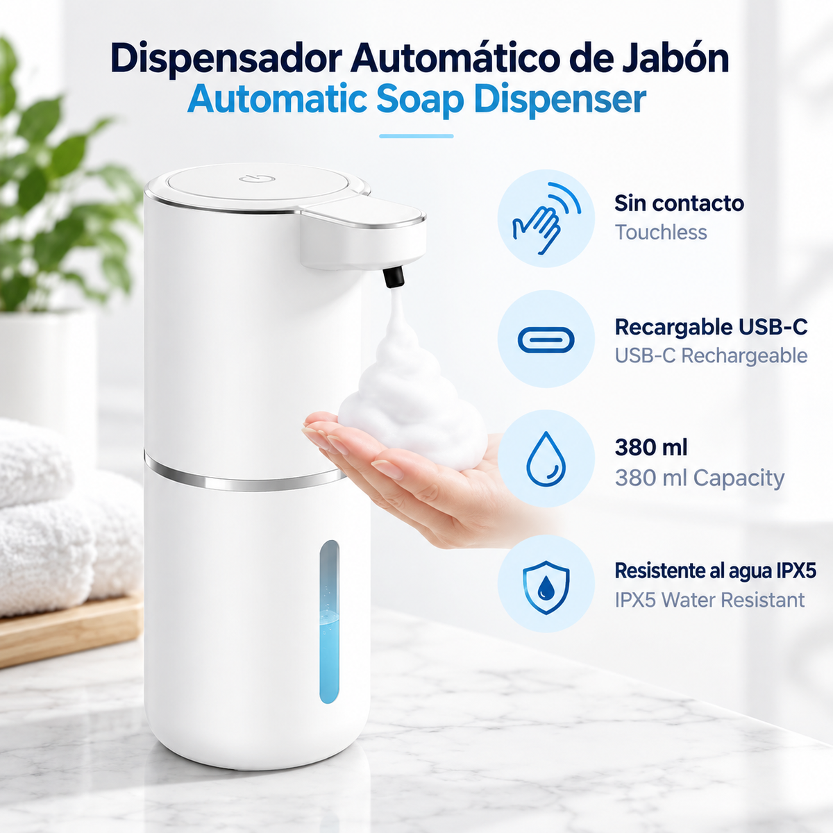 Dispensador automático de jabón espumoso con sensor para baño y cocina, dispensador de jabón espumoso, 380ml, recargable por USB