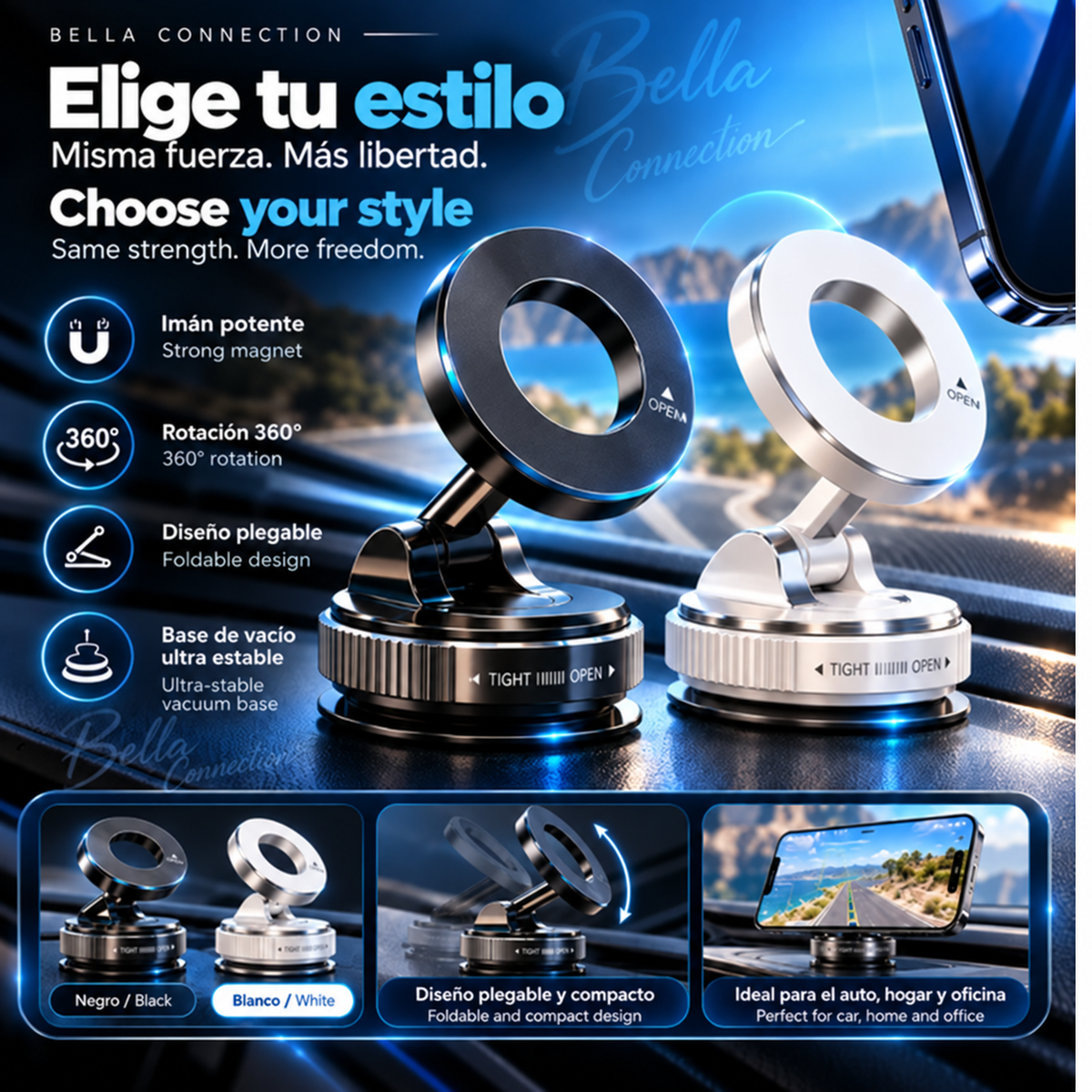 Soporte Magnético para Teléfono con Rotación de 360 Grados ° Soporte Giratorio para Teléfono-Diseño plegable, ventosa