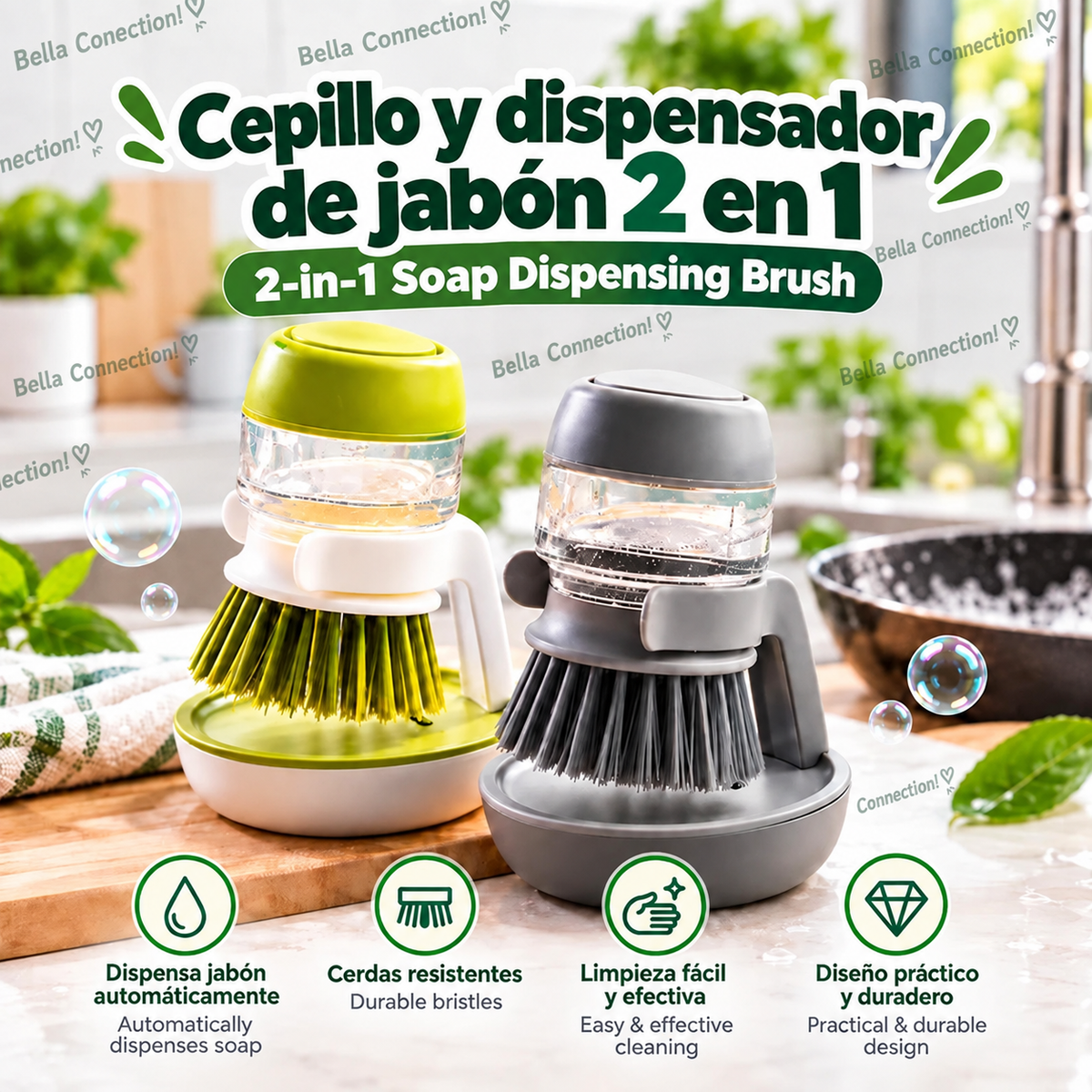 Cepillo dispensador de jabón para productos de cocina, cepillos para fregar, fregador de platos 2 en 1 con soporte