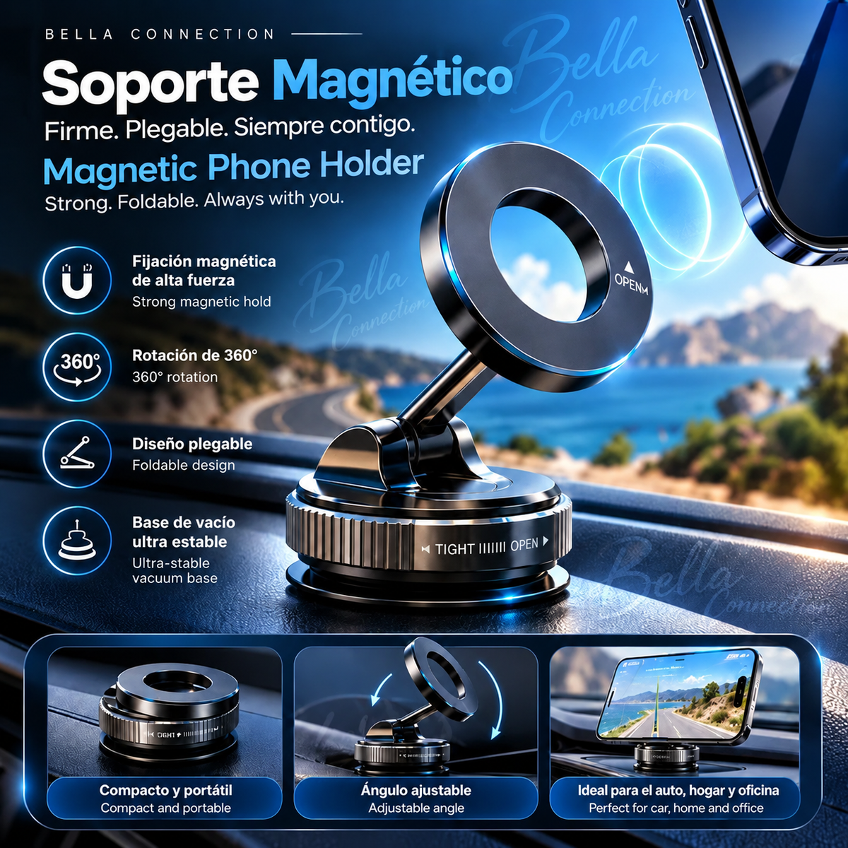 Soporte Magnético para Teléfono con Rotación de 360 Grados ° Soporte Giratorio para Teléfono-Diseño plegable, ventosa